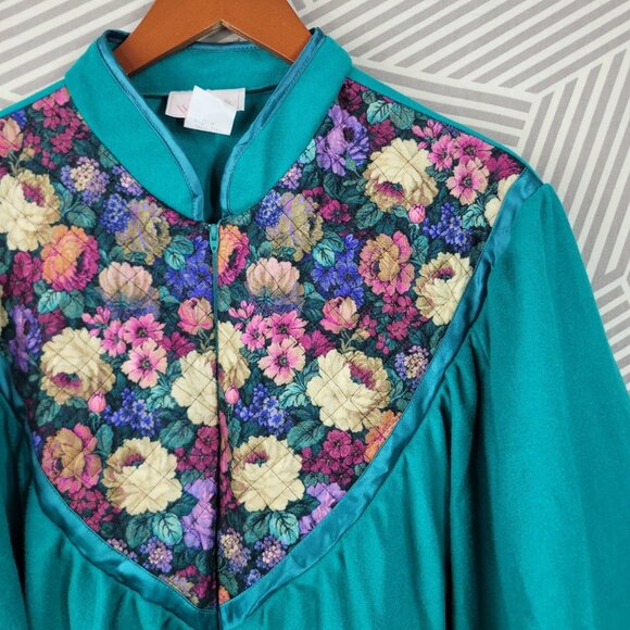 NEW Vintage 80s Fuzzy Fleece Plus 2X Housecoat Robe Zip Up warm Green Floral - Picture 4 of 7